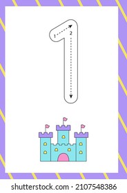 Flashcard for learning numbers with cute hand drawn princess castle. How to write number one. 