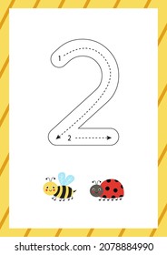 Flashcard for learning numbers with cute insects. How to write number two. 