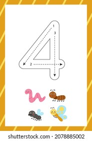 Flashcard for learning numbers with cute insects. How to write number four. 