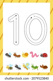 Flashcard for learning numbers with cute insects. How to write number ten. 