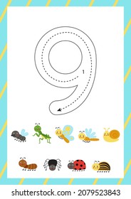 Flashcard for learning numbers with cute insects. How to write number nine. 