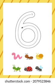 Flashcard for learning numbers with cute insects. How to write number six. 