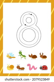 Flashcard for learning numbers with cute insects. How to write number eight. 