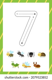 Flashcard for learning numbers with cute insects. How to write number seven. 