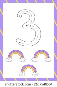 Flashcard for learning numbers with cute rainbows. How to write number three. 