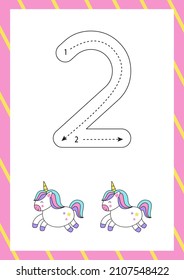 Flashcard for learning numbers with cute unicorns. How to write number two. 