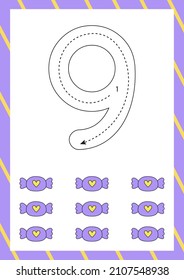 Flashcard para aprender números con nueve caramelos. Cómo escribir el número nueve. 