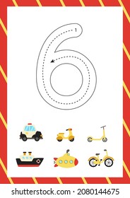 Flashcard for learning numbers with transportation means. How to write number six. 