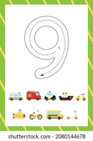 Flashcard for learning numbers with transportation means. How to write number nine. 