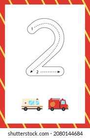 Flashcard for learning numbers with transportation means. How to write number two. 