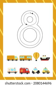 Flashcard for learning numbers with transportation means. How to write number eight. 