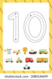 Flashcard for learning numbers with transportation means. How to write number ten. 