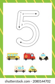 Flashcard for learning numbers with transportation means. How to write number five. 