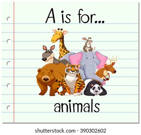 Flashcard letter A is for animals illustration