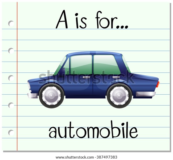 Flashcard letter\
A is for automobile\
illustration