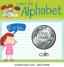 Flashcard letter C is for coin illustration