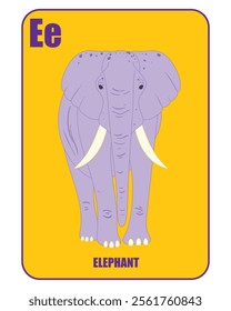 Flashcard letter E with a cute elephant, perfect for kids' education, learning alphabets, and preschool.