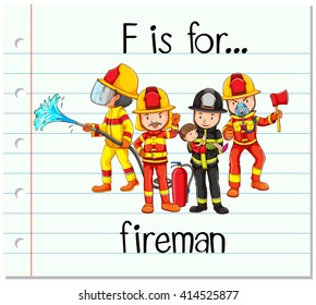 Flashcard letter F is for fireman illustration