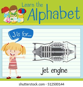 Flashcard letter J is for jet engine illustration