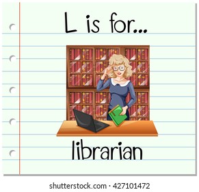 Flashcard letter L is for librarian illustration