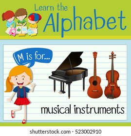 Flashcard letter M is for musical instruments illustration