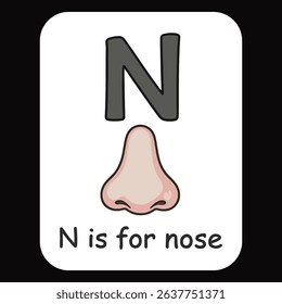 Flashcard for letter N with an illustration of a nose