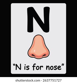 Flashcard for letter N with an illustration of a nose, designed for early childhood education.