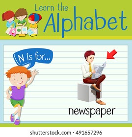 Flashcard letter N is for newspaper illustration