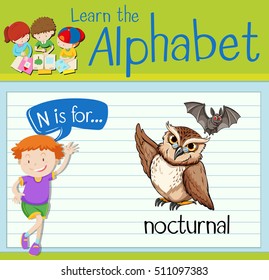 Flashcard letter N is for nocturnal illustration