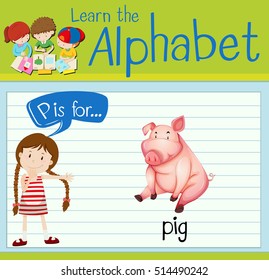 Flashcard letter P is for pig illustration