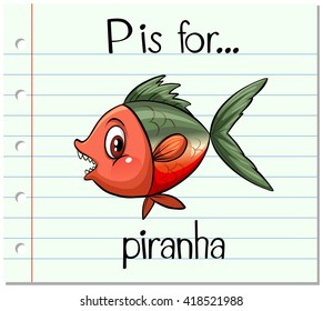 Flashcard letter P is for piranha illustration