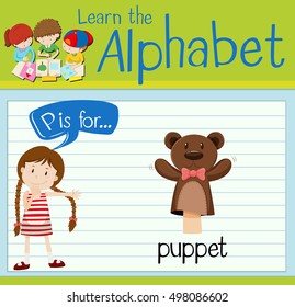 Flashcard letter P is for puppet illustration