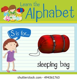 Letra S de la tarjeta flash es para la ilustración del saco de dormir