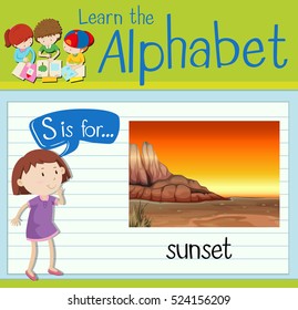 Flashcard letter S is for sunset illustration