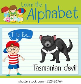 Flashcard letter T is for tasmanian devil illustration