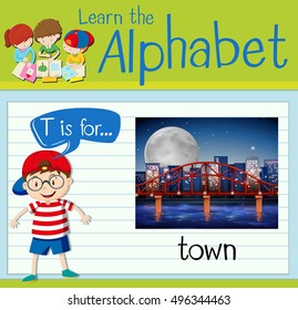 Flashcard letter T is for town illustration