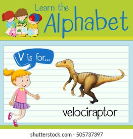 Flashcard letter V is for velociraptor illustration