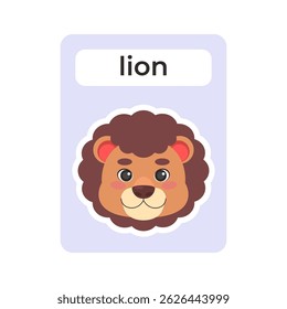Flashcard with lion head on isolated background. Vector illustration in a flat style