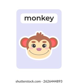 Flashcard with monkey head on isolated background. Vector illustration in a flat style
