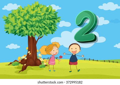 Flashcard number 2 with two children in the park illustration