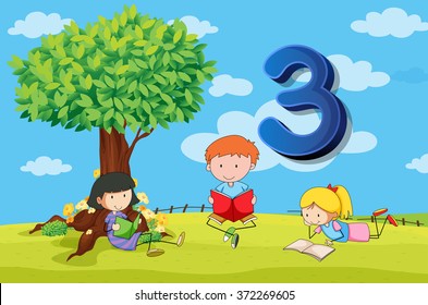 Flashcard number 3 with three children in the park illustration