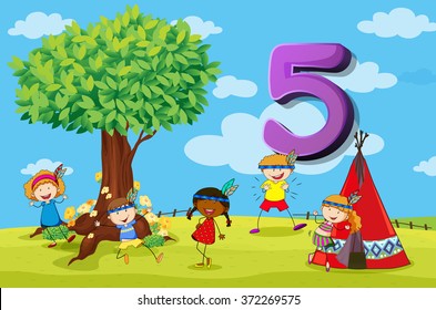 Flashcard number 5 with five children in the park illustration