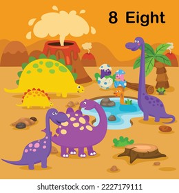 Flashcard number eight with 8 dinosaur learning for kid illustration vector