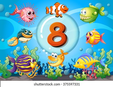 Flashcard number eight with 8 fish underwater illustration