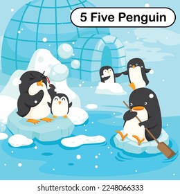 Flashcard number five with 5 penguin learning for kid illustration vector