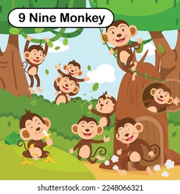 Flashcard number nine with 9 monkey learning for kid illustration vector