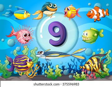 Flashcard number nine with nine fish underwater illustration