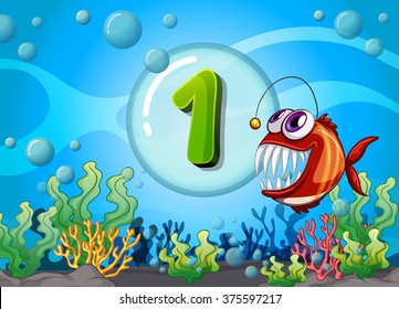 Flashcard number one with 1 fish underwater illustration