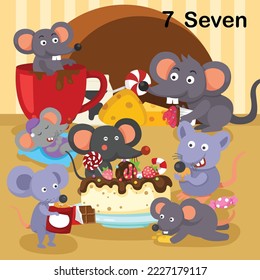 Flashcard number seven with 7 mouse learning for kid illustration vector