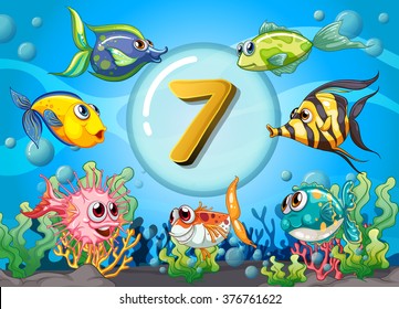 Flashcard number seven wit 7 fish underwater illustration